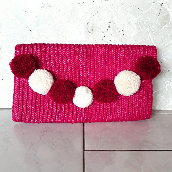 Handbags - Pom Pom Straw Clutch